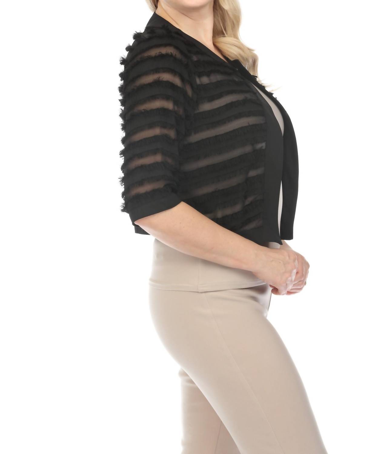 Joseph Ribkoff - Striped Sheer Fringe 3/4 Sleeve Cropped Cover-up