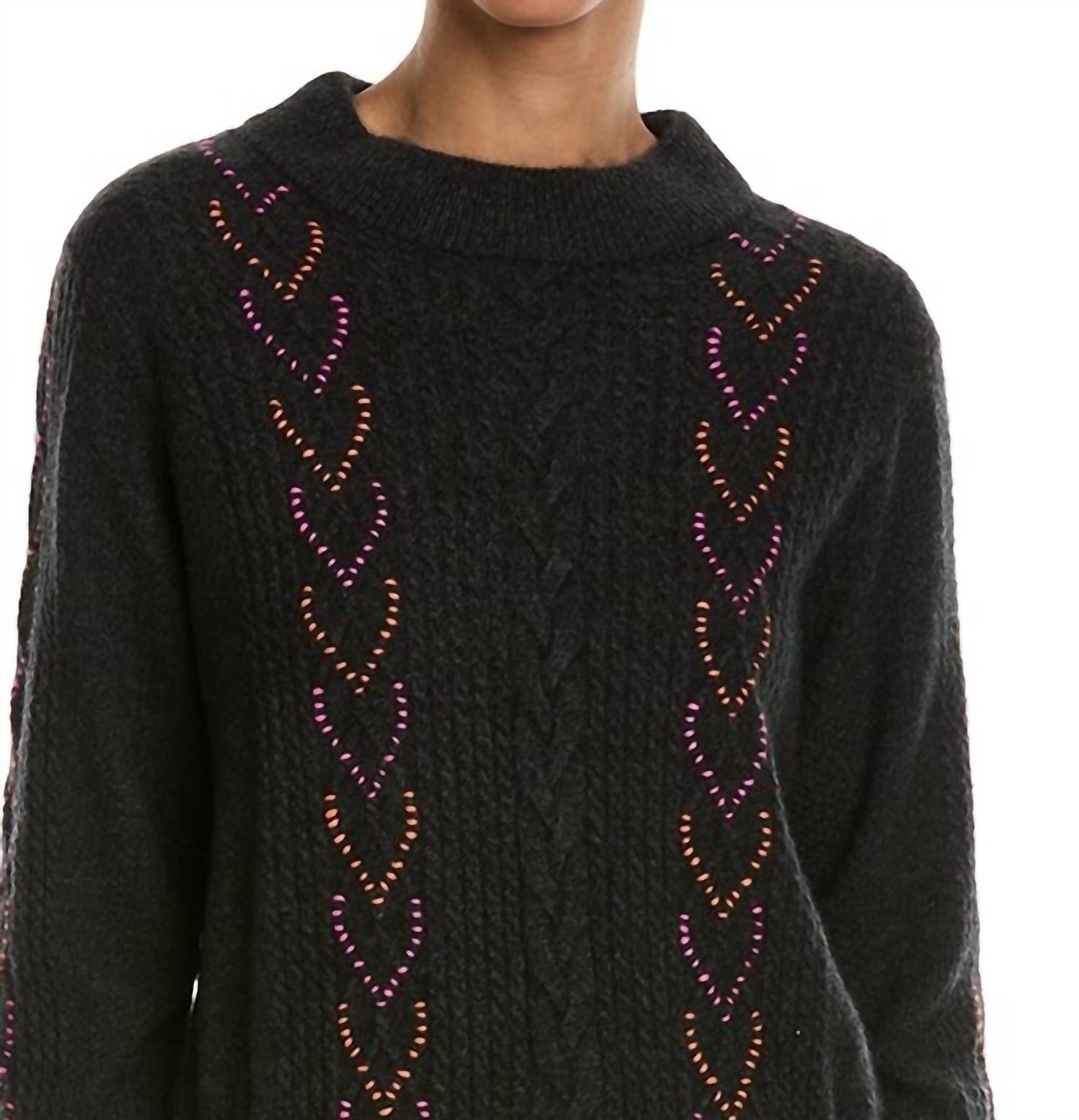 Brodie Cashmere Skylah Cable Sweater in charcoal - women's sweater - detail view
