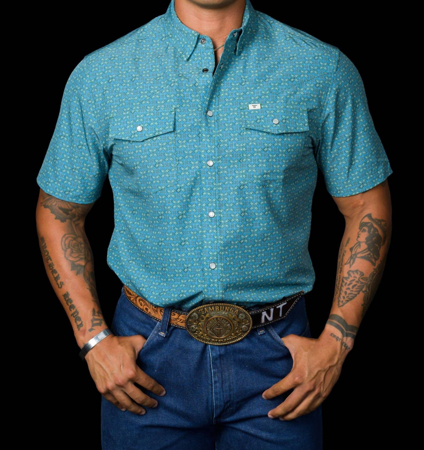 Ferrell Miles Short Sleeve Snap Shirt in blue - men's t-shirt