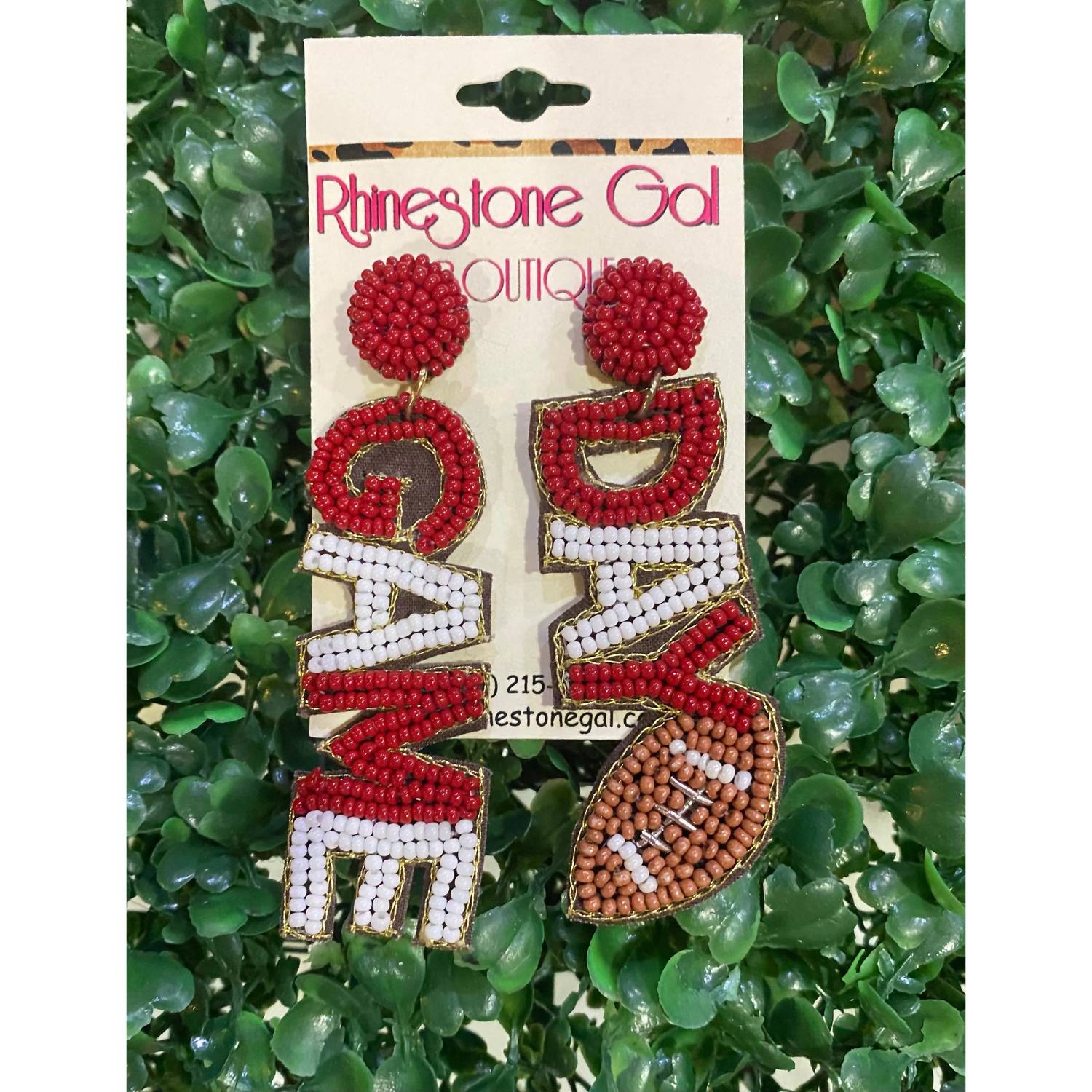 Sophia Collection Women's Game Day Beaded Football Dangle Earrings in red white - women's jewelry - detail view