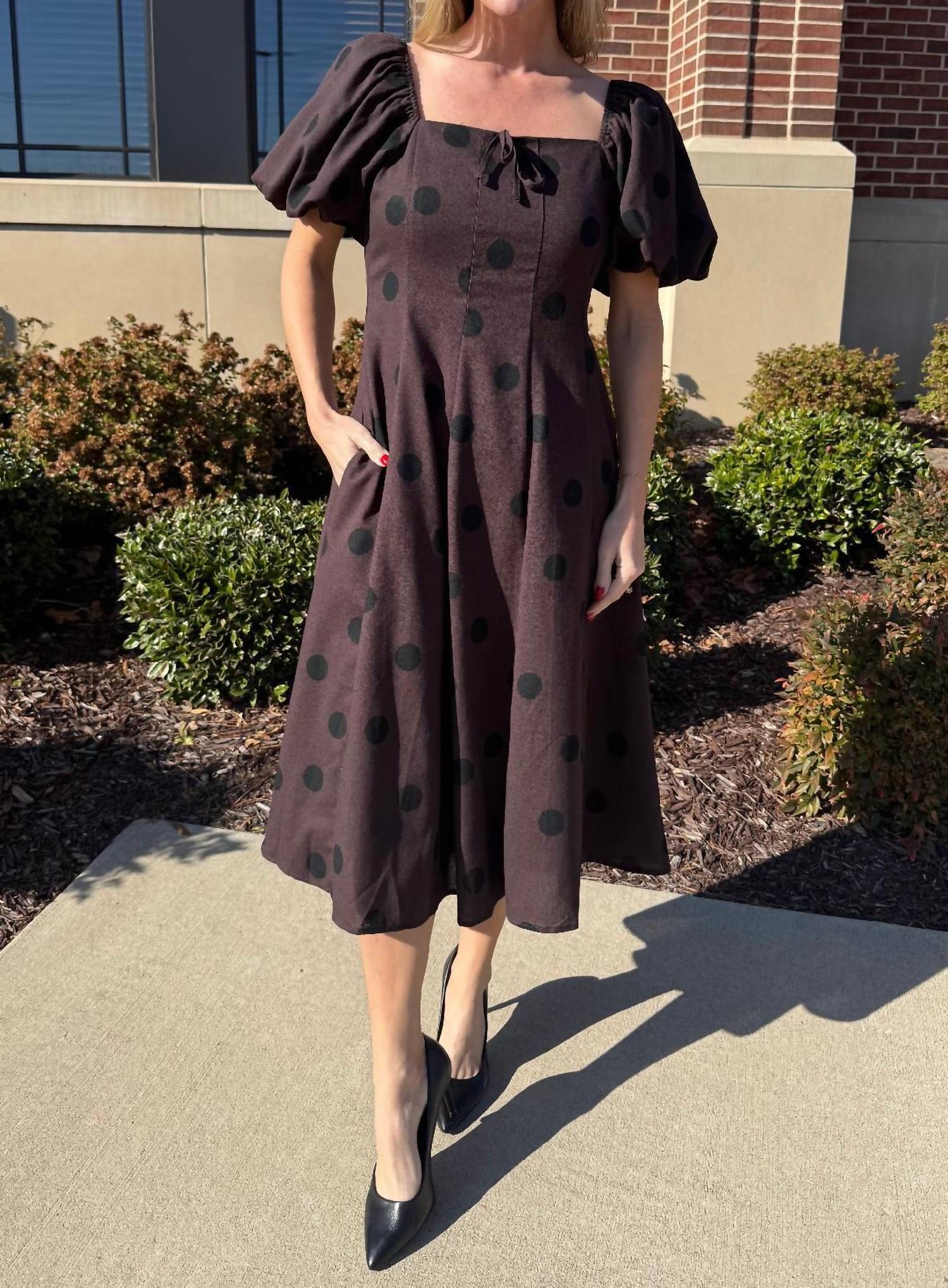 Aureum Polka Dot Linen Midi Dress in brown - women's dress