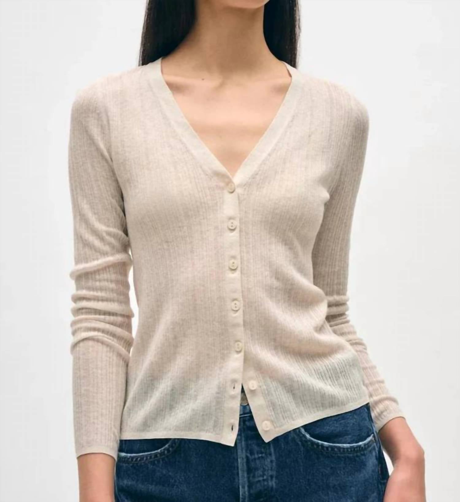 White + Warren Rib V-neck Cardigan in beige - women's sweater