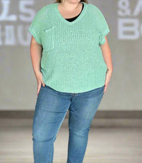She + Sky - Short Sleeve Wide Shoulder Loose Knit Sweater With Front Pocket