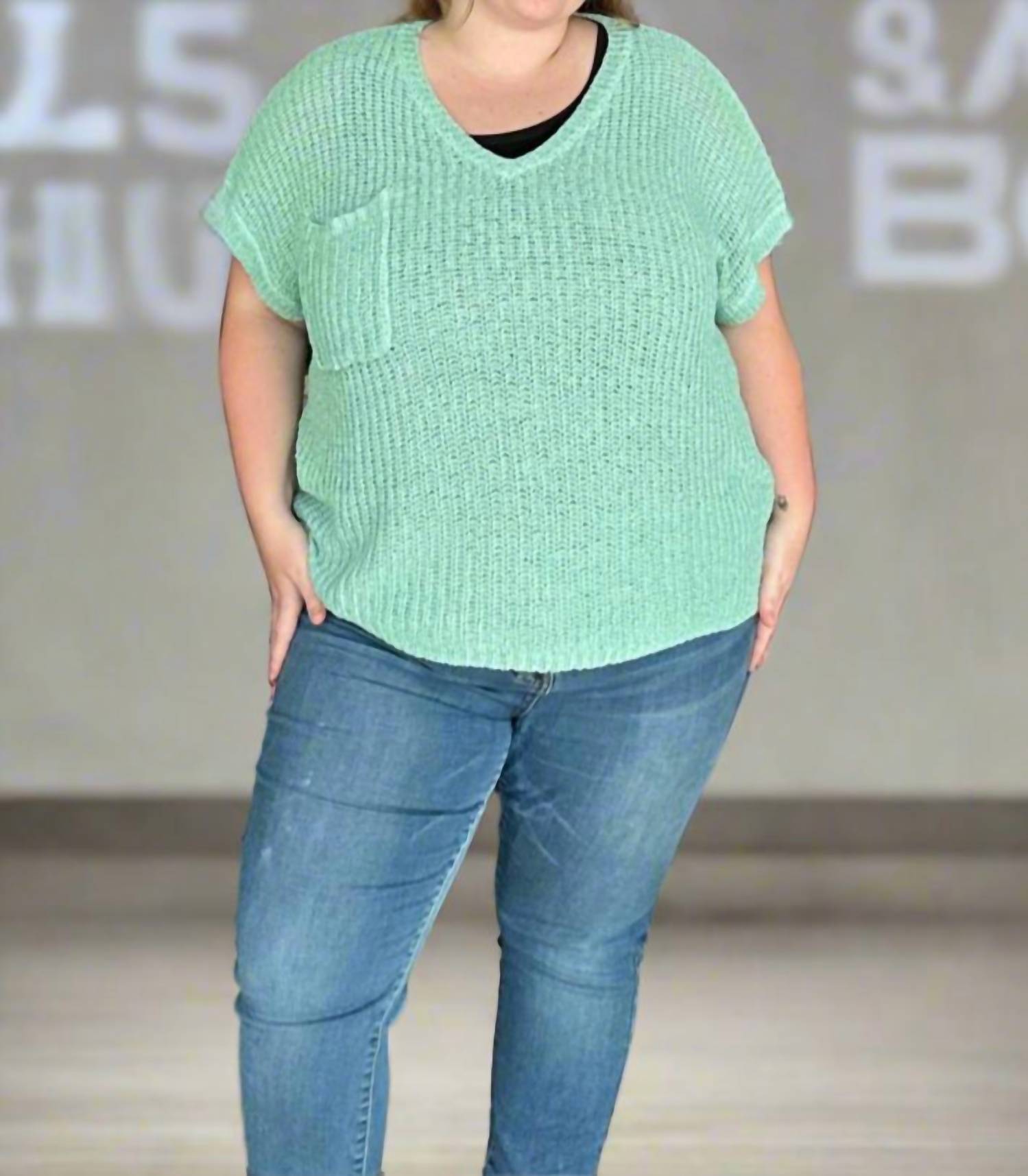 She + Sky - Short Sleeve Wide Shoulder Loose Knit Sweater With Front Pocket