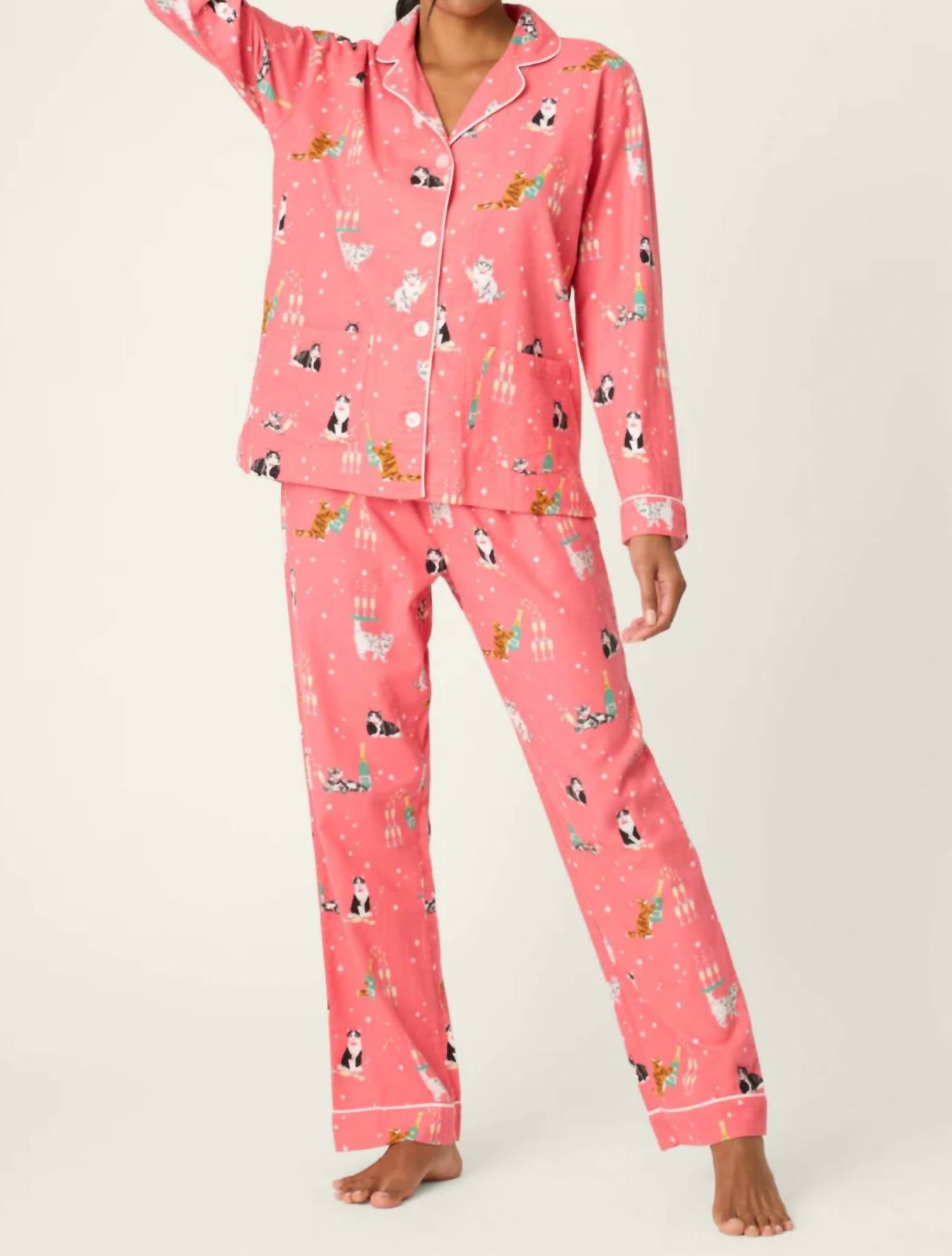 PJ Salvage Let's Get Fizzical 3-piece Flannel Pajama Set in dark coral - women's sleepwear