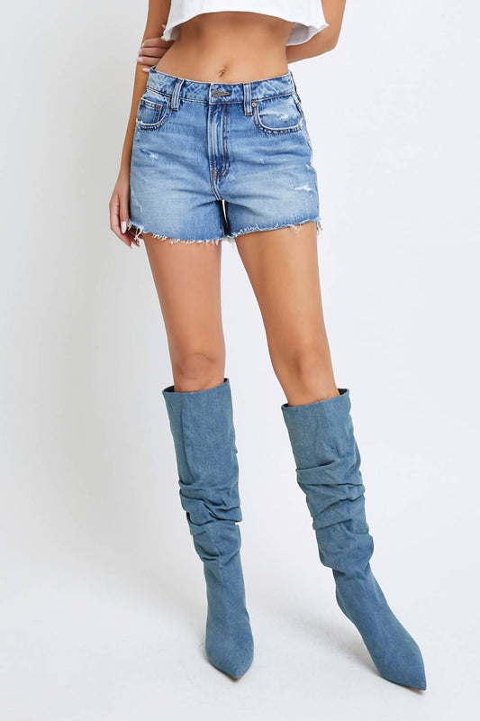 Hidden - High Rise Denim Shorts With Rhinestone Side Detail