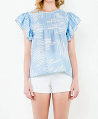 THML Flutter Sleeve Print Top in blue 1 - women's blouse