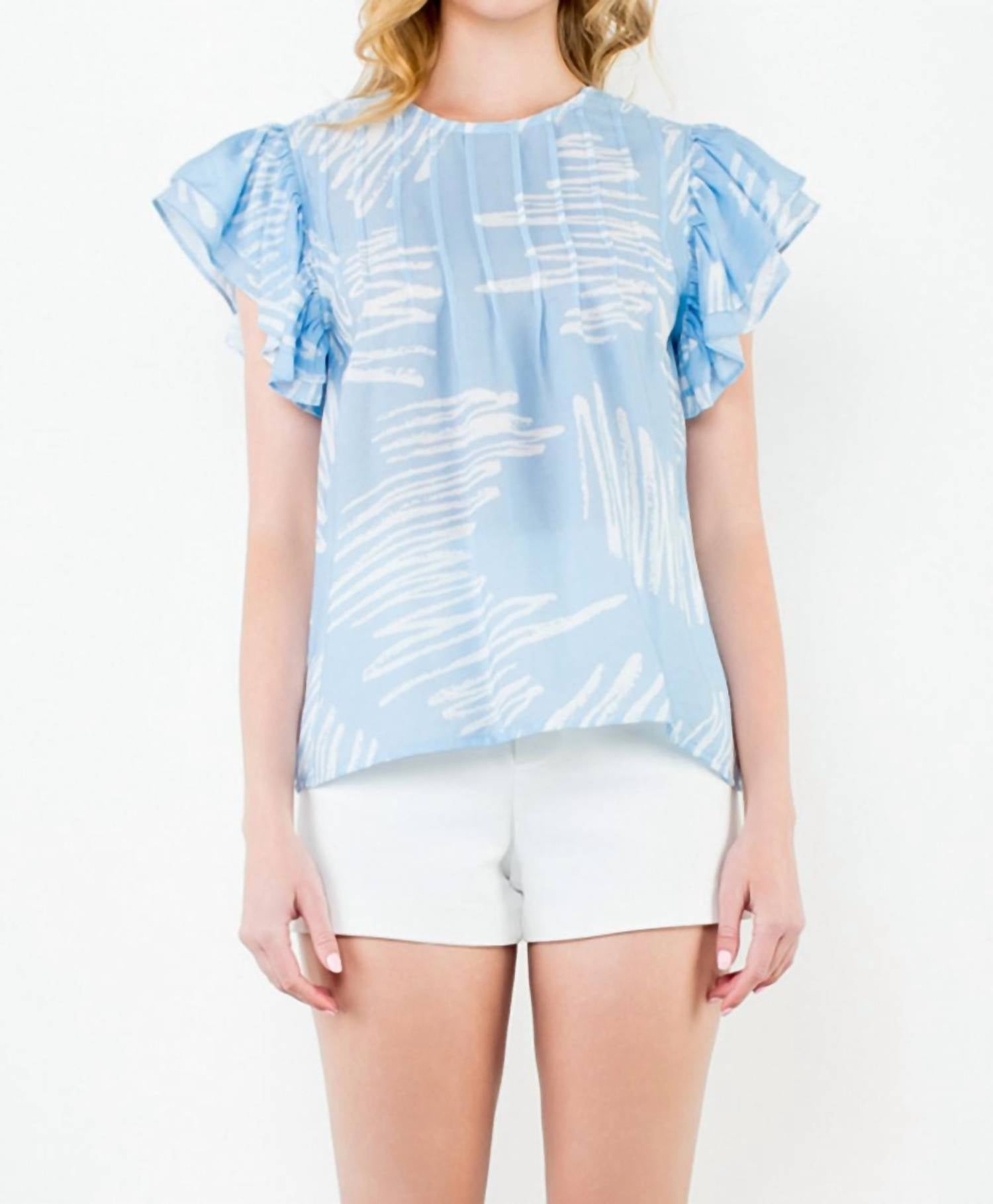 THML Flutter Sleeve Print Top in blue 1 - women's blouse