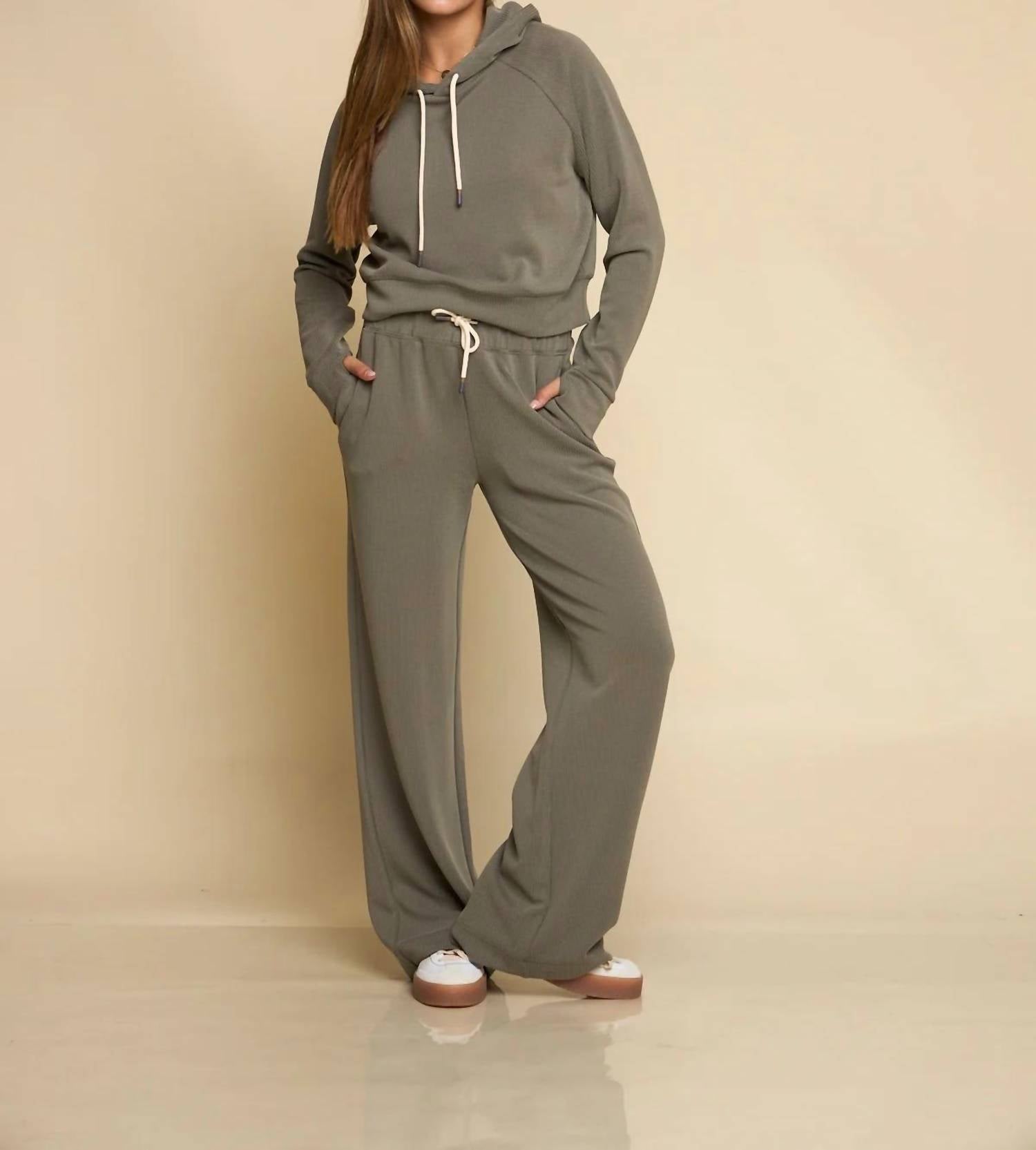 FUNDAMENTAL COAST Later On Ribbed Pullover Hoodie in fatigue - women's top