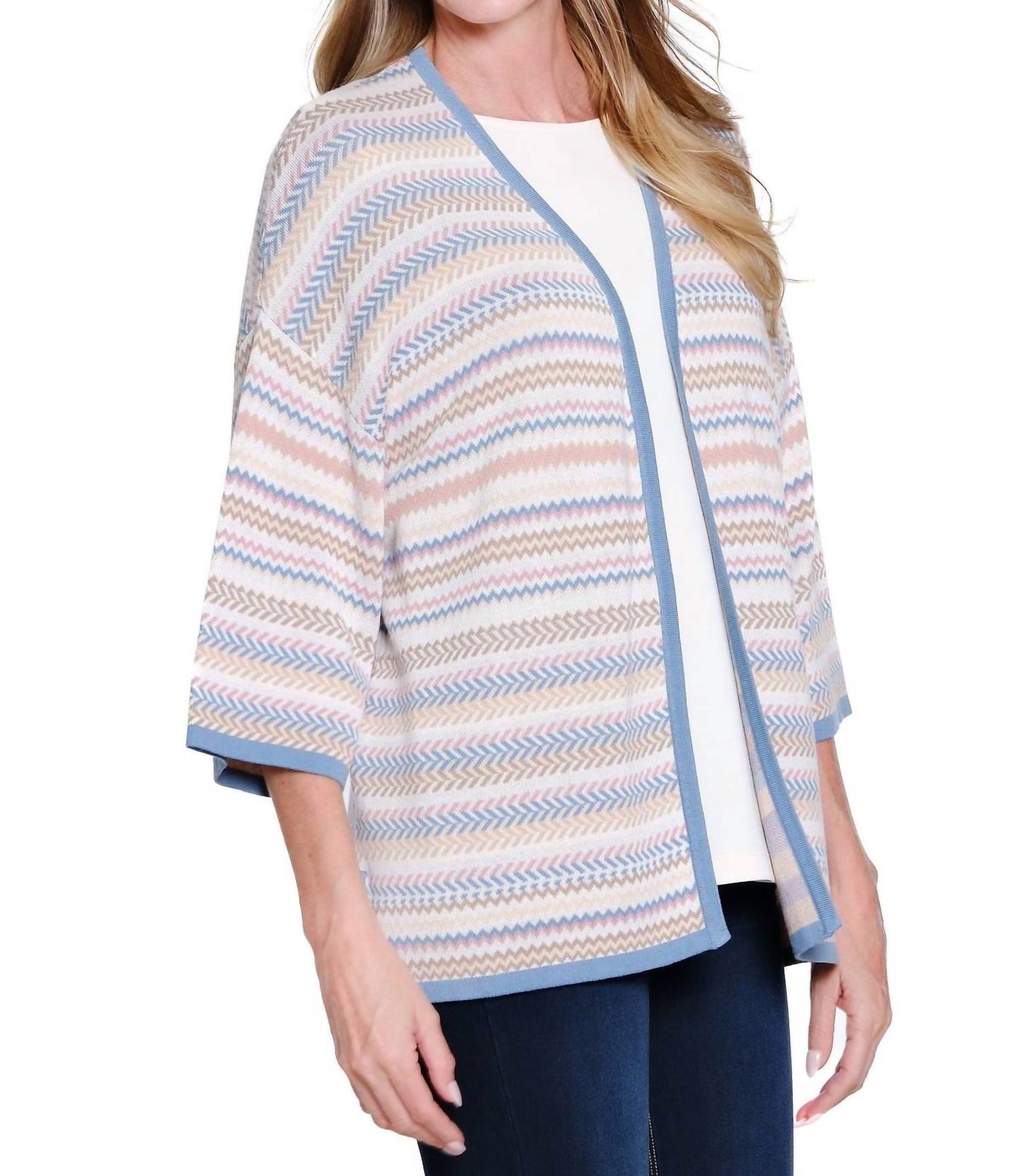 Multiples 3/4 Sleeve Set-In Sleeve Drop Shoulder Sweater Jacket in sleeve drop shoulder sweater jacket in pink striped - women's jacket