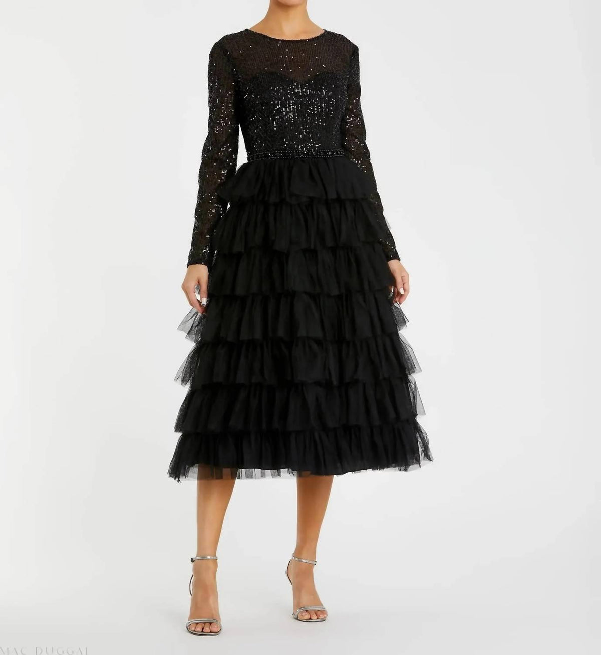 Mac Duggal - Long Sleeve Ruffle Tiered Midi Dress