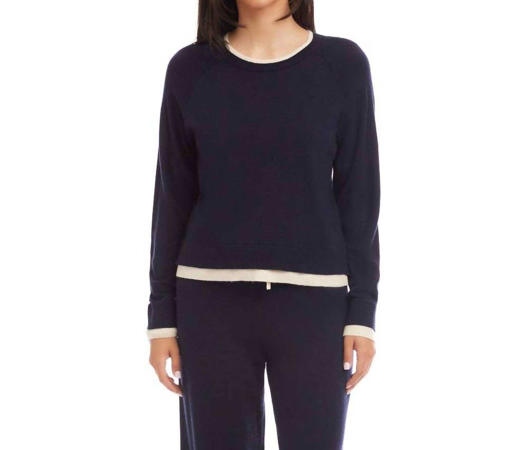 Karen Kane Contrast Crewneck Sweater in navy with cream - women's sweater