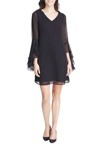 Kensie - Unlined Chiffon Sleeve High Low Cuff Ruffle Detail V-Neck Shift Dress