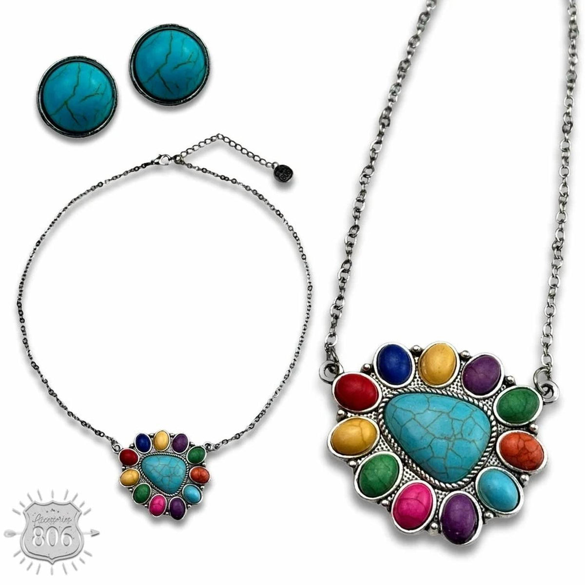 Pink Panache - Women's Stone Triangle Necklace & Stud Earring Set