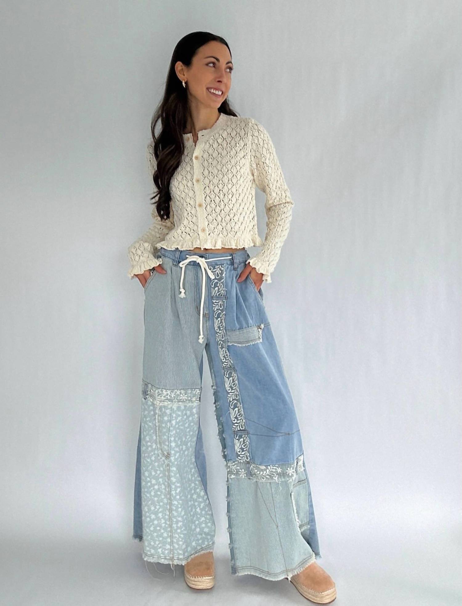 Peach Love Eyelet Knit Ruffle Hem Cardigan in white - women's cardigan - alternate view