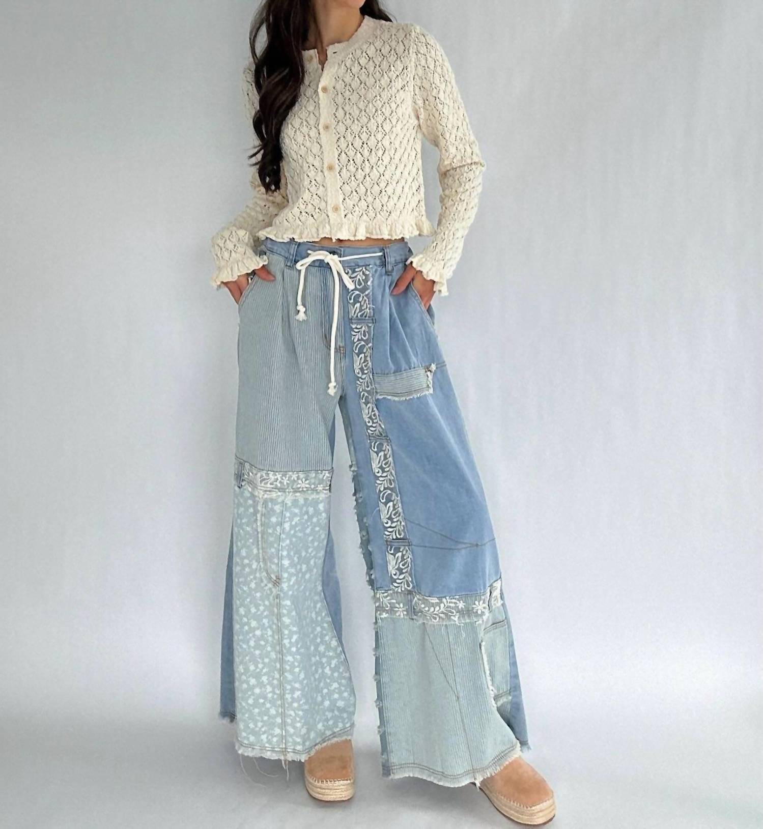Peach Love Eyelet Knit Ruffle Hem Cardigan in white - women's cardigan - detail view