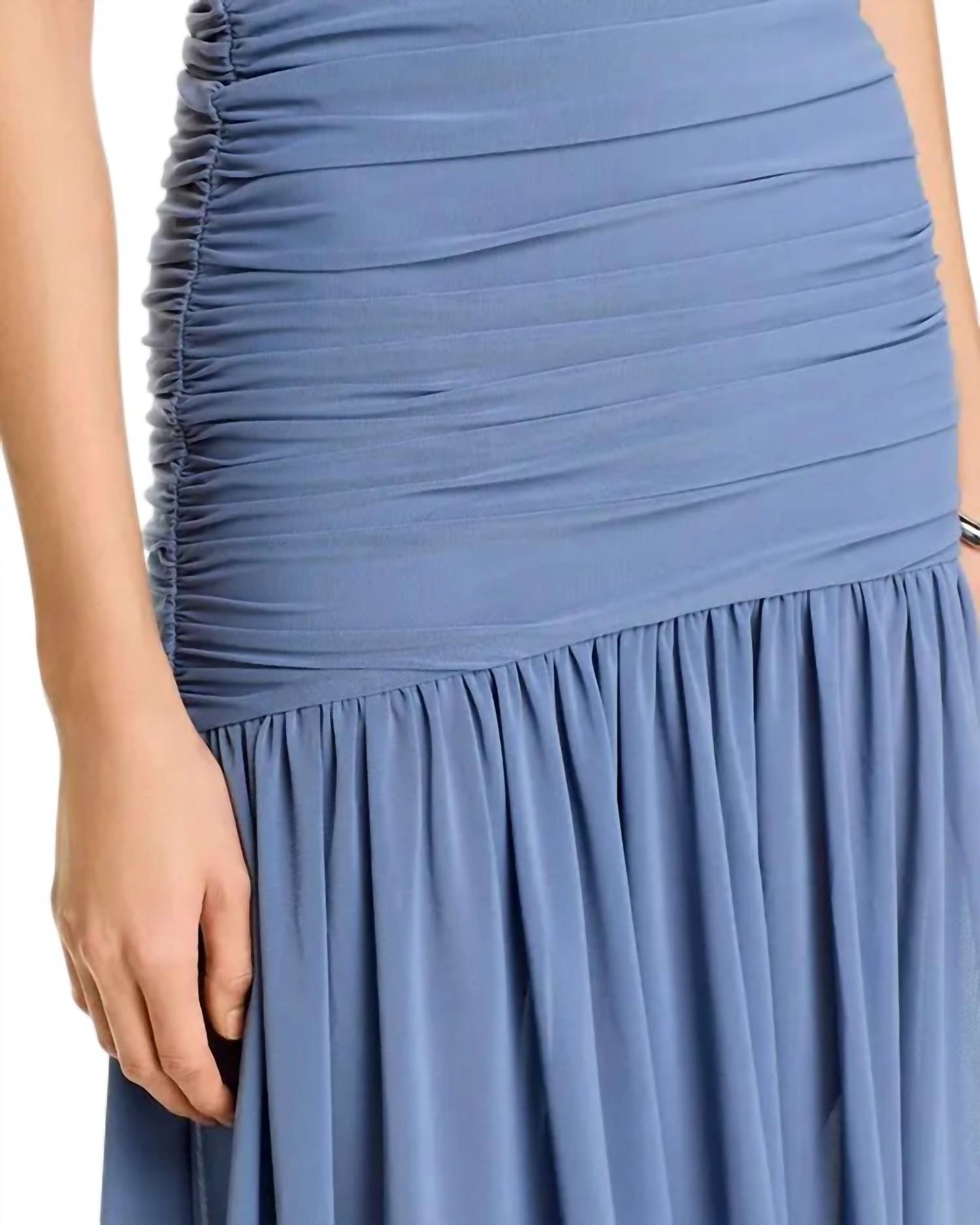 BARDOT Solana Gathered Mesh Strapless Maxi Dress in dusty blue - women's dress - view 5