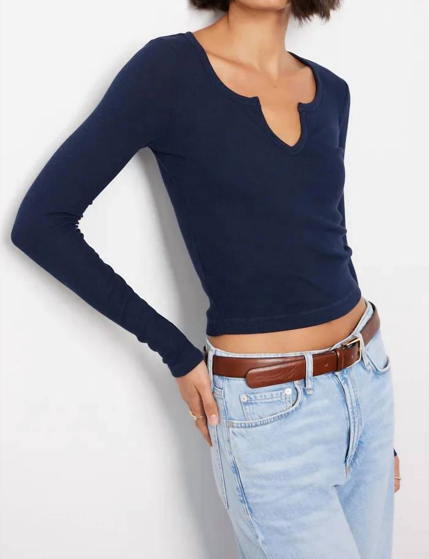 Bobi - Split V-Neck Long Sleeve Crop Top