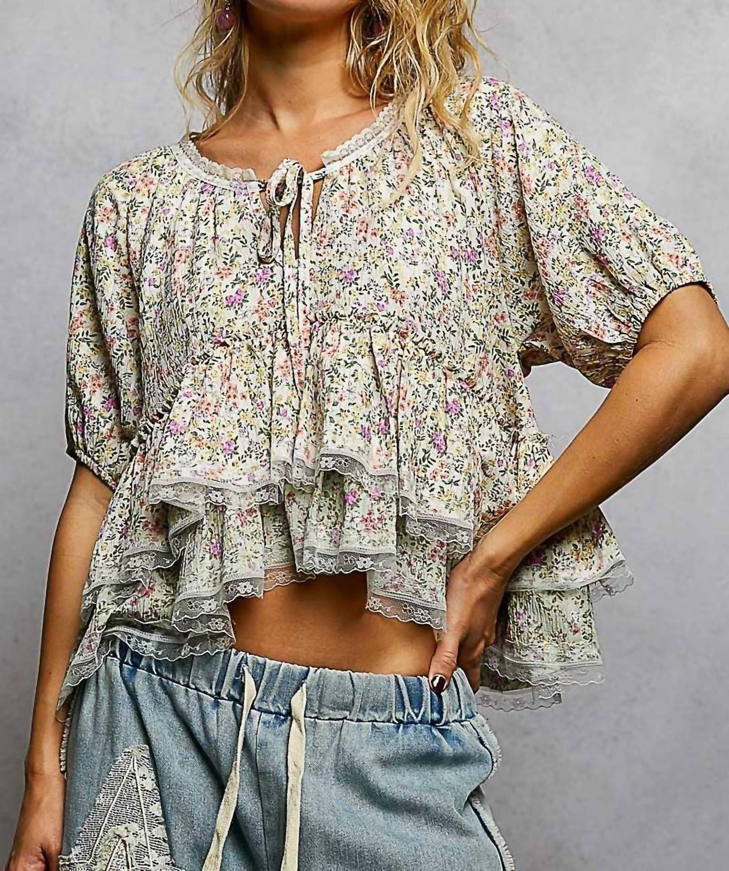 Pol - Floral Balloon Sleeve Woven Top