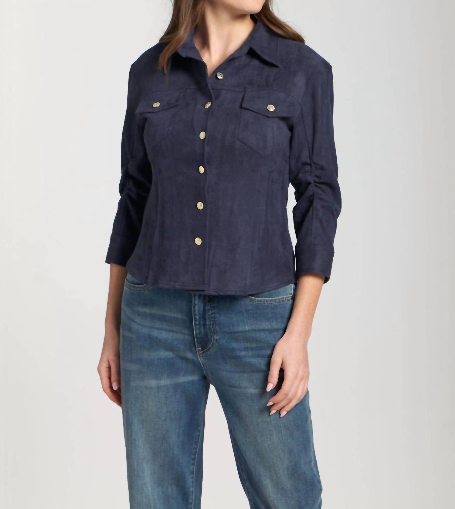 APNY VEGAN LEATHER SHIRT in navy - women's shirt - detail view