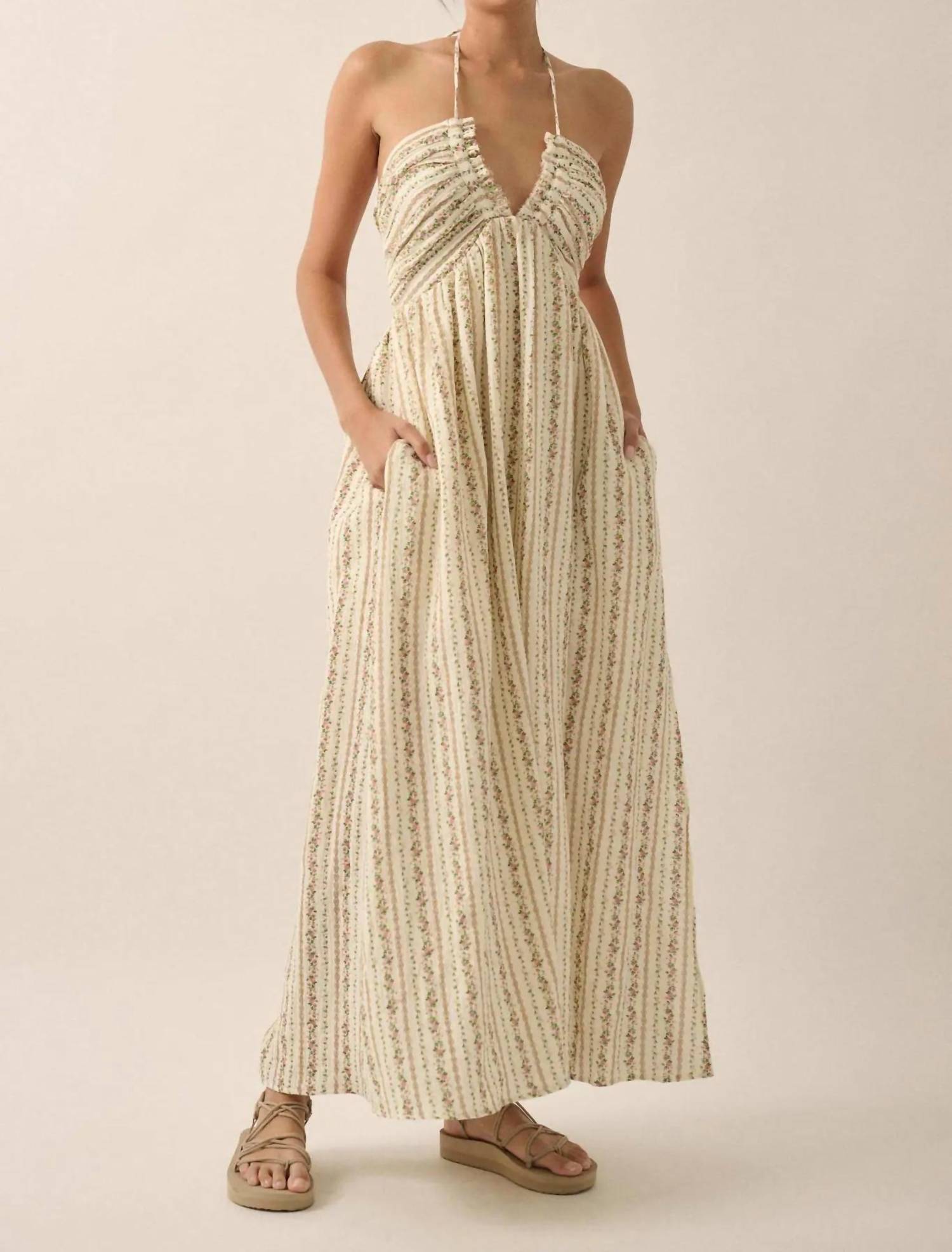 Promesa - Trellis Blossoms Floral Gauze Halter Maxi Dress