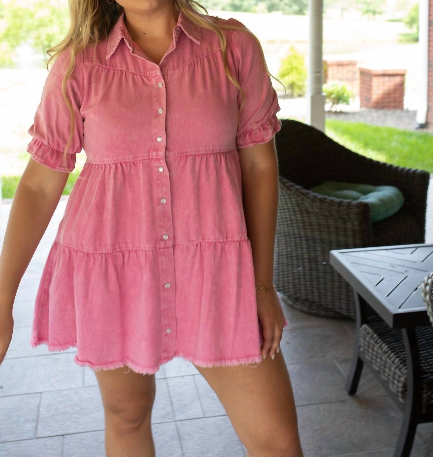 Baevely by Wellmade Oh Snap Button Denim Mini Dress in pink - women's dress - alternate view