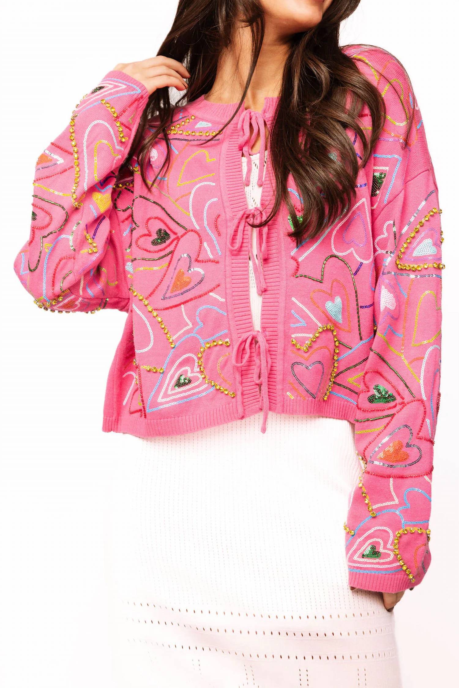 QUEEN OF SPARKLES Groovy Heart Tie Up Sweater in hot pink 1 - women's cardigan - detail view