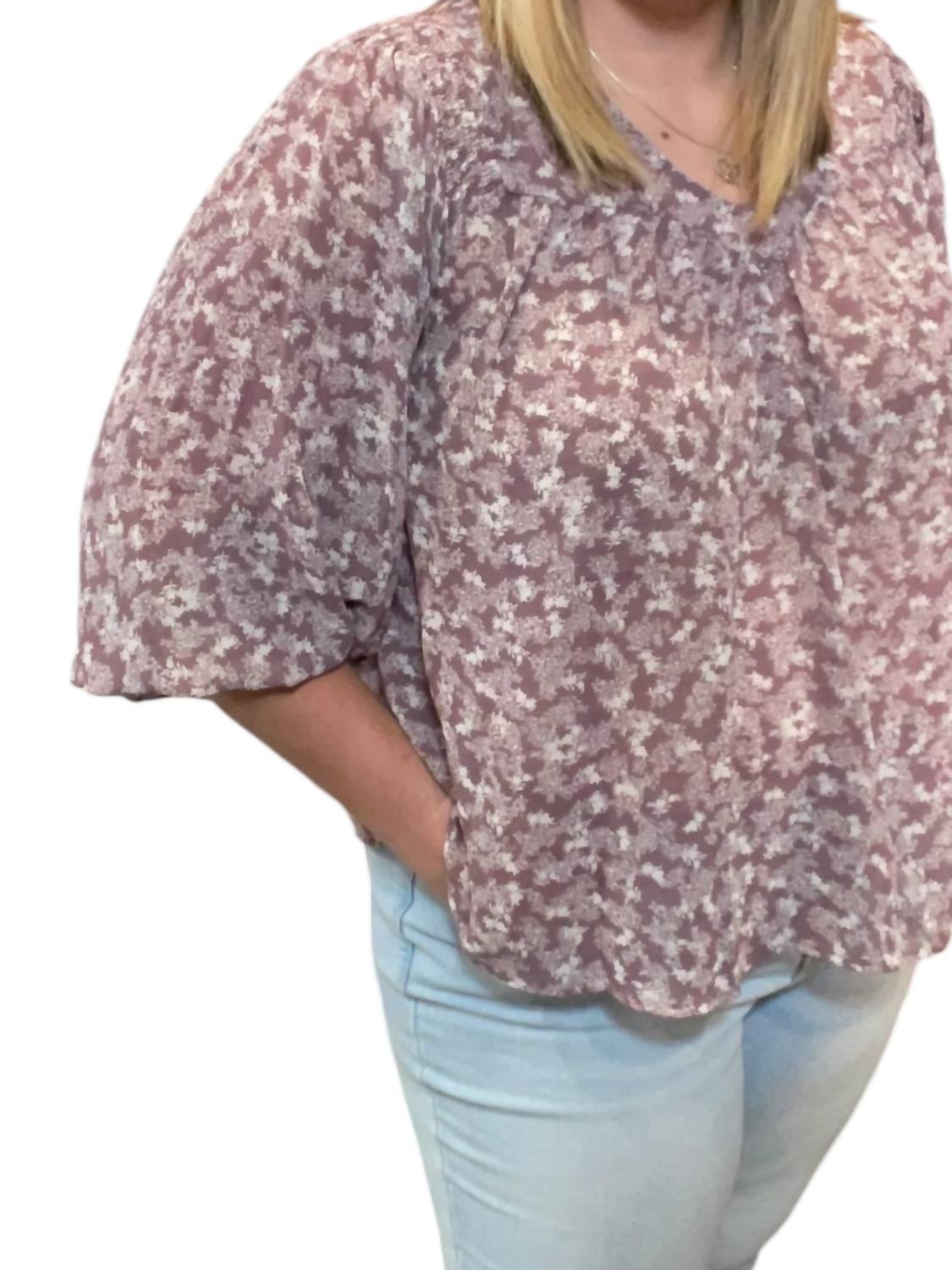 She + Sky - Floral Smocked Long Sleeve Top