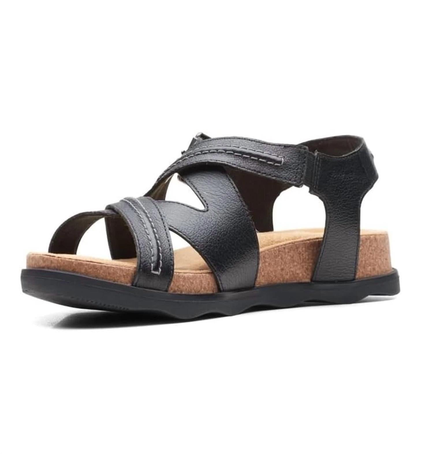 Clarks Women's Brynn Ave Flat Sandal in black leather - women's sandal - detail view