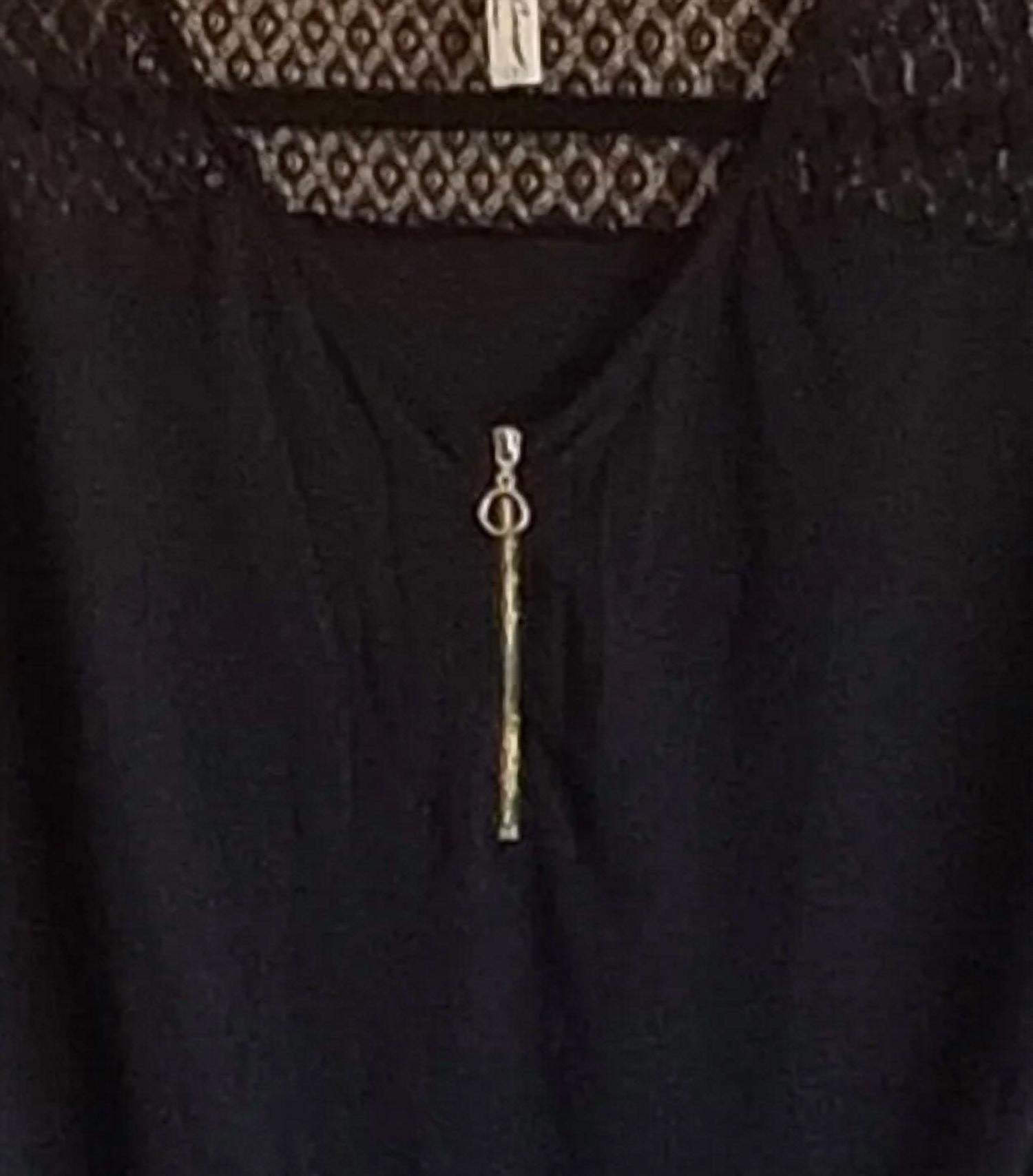 PerSeption Concept Women's Lace Yoke Zip Front Blouse Top in black - women's blouse - detail view