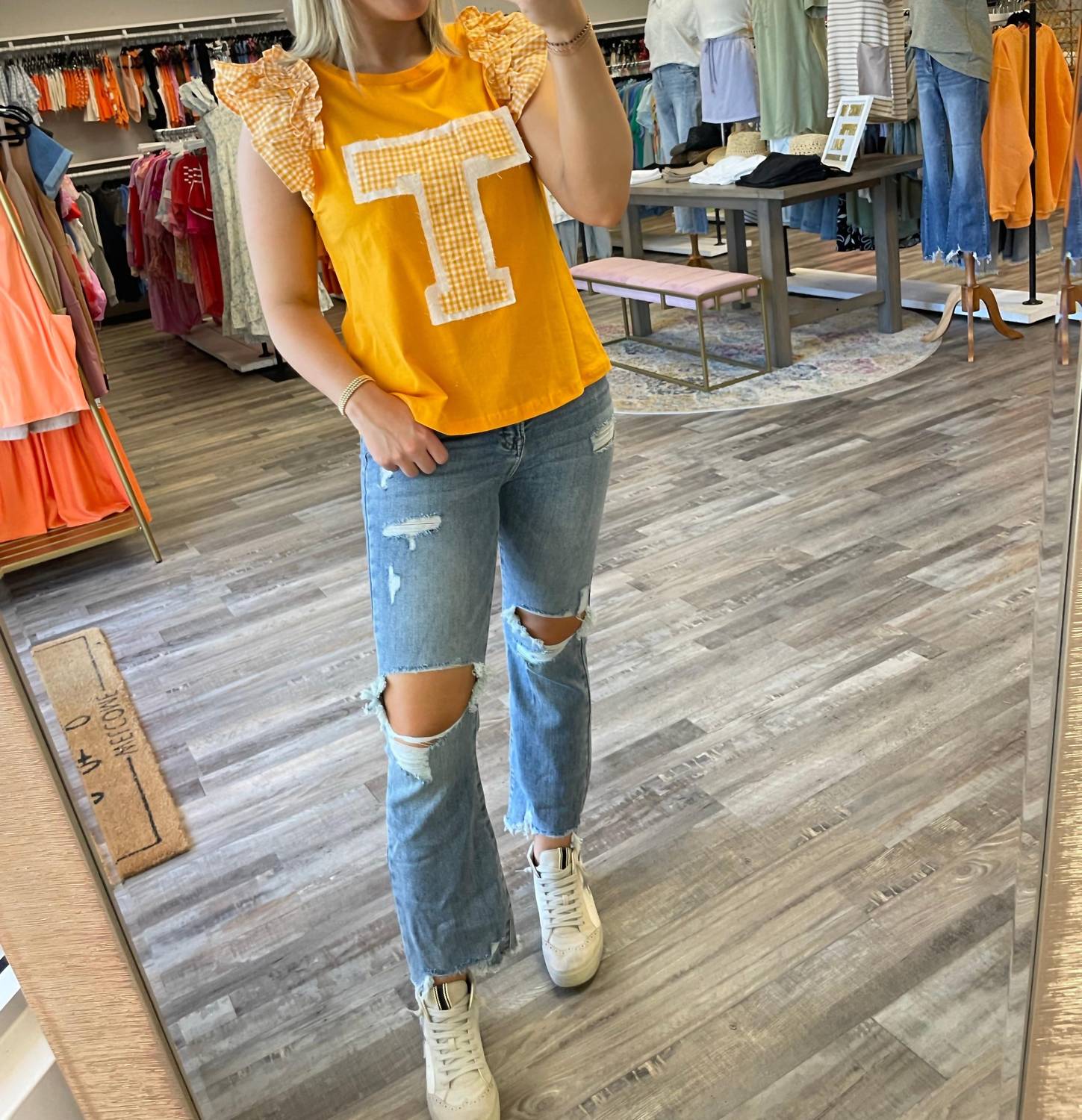 Anniewear - Patched Ruffle Sleeve Top