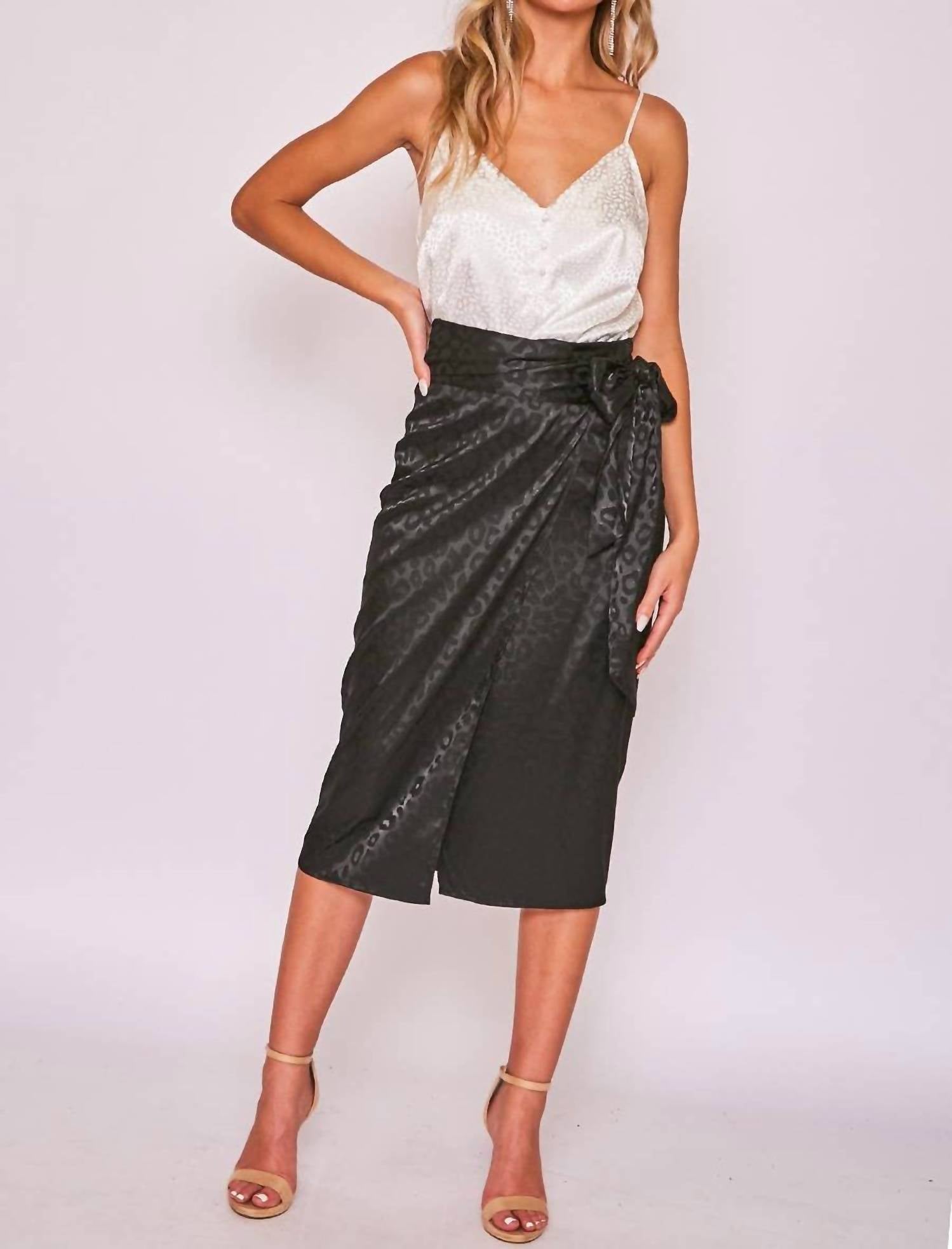 Vine & Love Jacquard Leopard Print Wrap Midi Skirt in black - women's skirt - alternate view