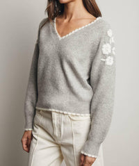 Forte - Floral Applique V-Neck Sweater