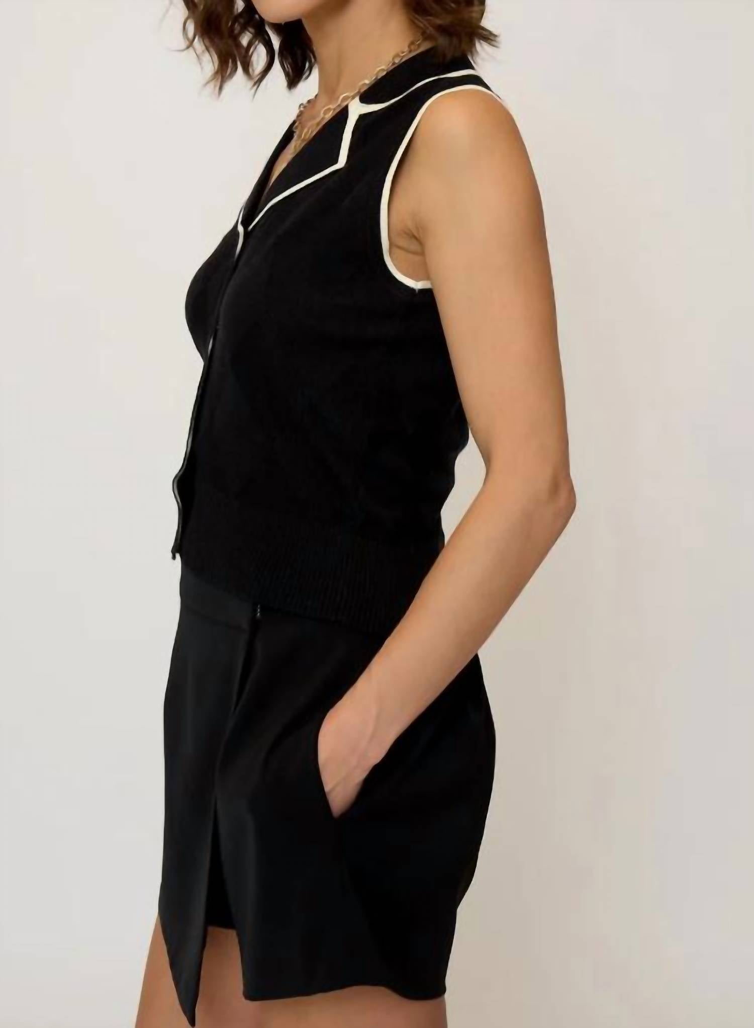 Central Park West Olive Diamond Stitch Vest in black - women's jacket - detail view