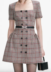self-portrait Check Wool Mini Dress in red black - women's dress - view 4