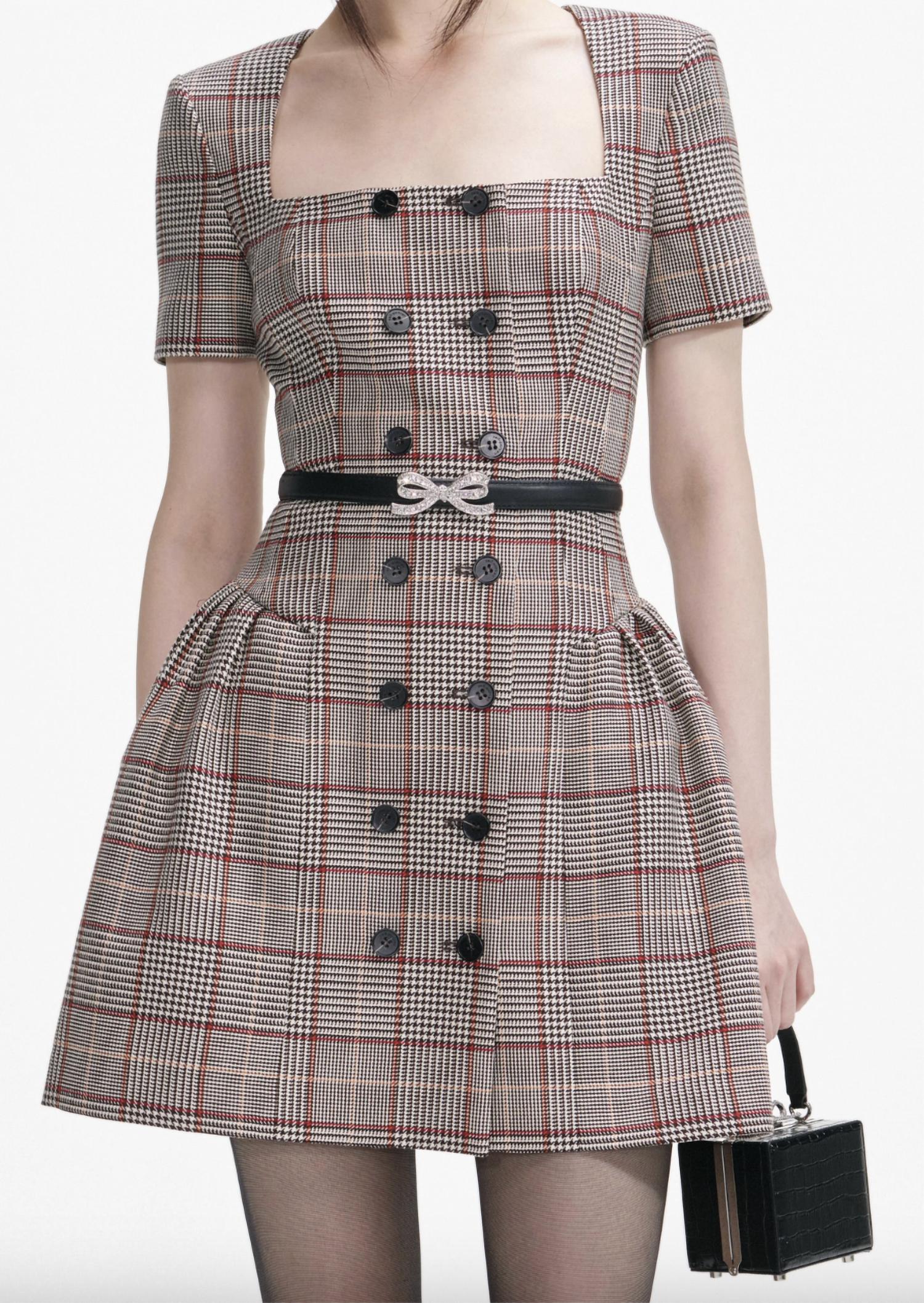 self-portrait Check Wool Mini Dress in red black - women's dress - view 4