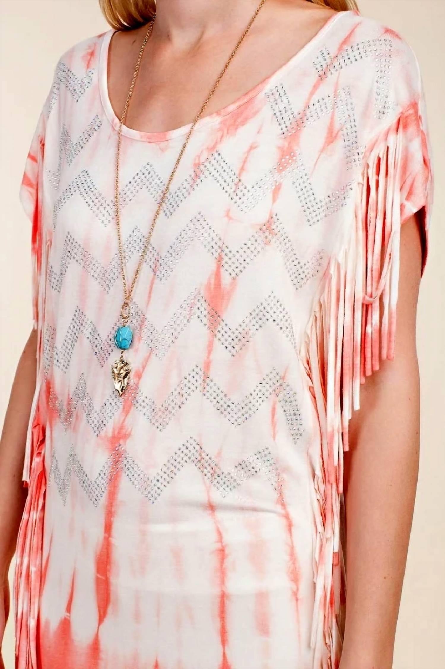 Vocal Apparel - Boho Fringe Tie Dye Top With Rhinestone Chevron