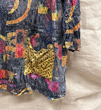 Shana Apparel Women's Crinkle Top in gray with print - women's blouse - detail view