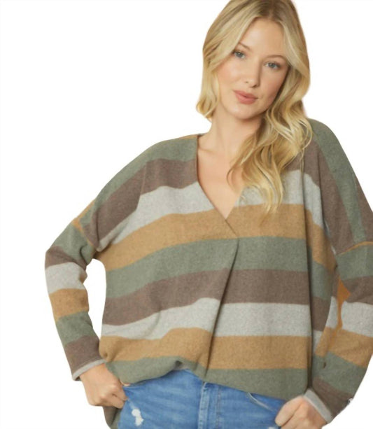 VNECK FRONT PLACKET STRIPED SWEATER