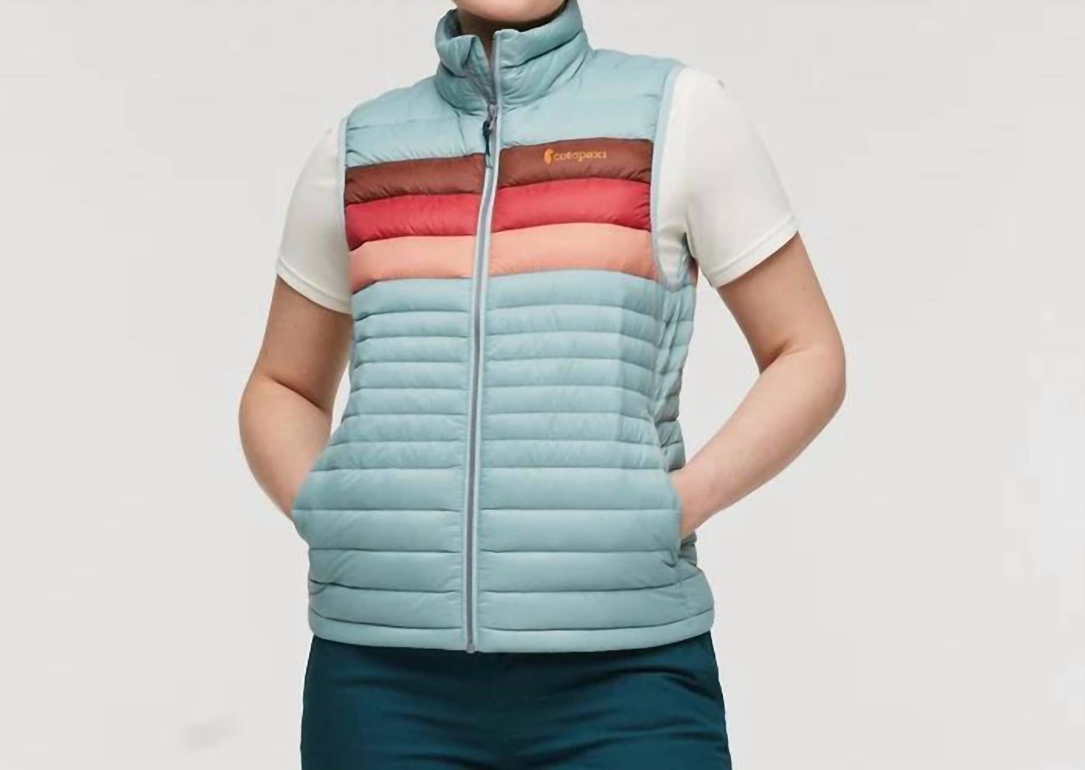 cotopaxi Women's Fuego Down Vest in sea spray stripes - women's jacket - detail view