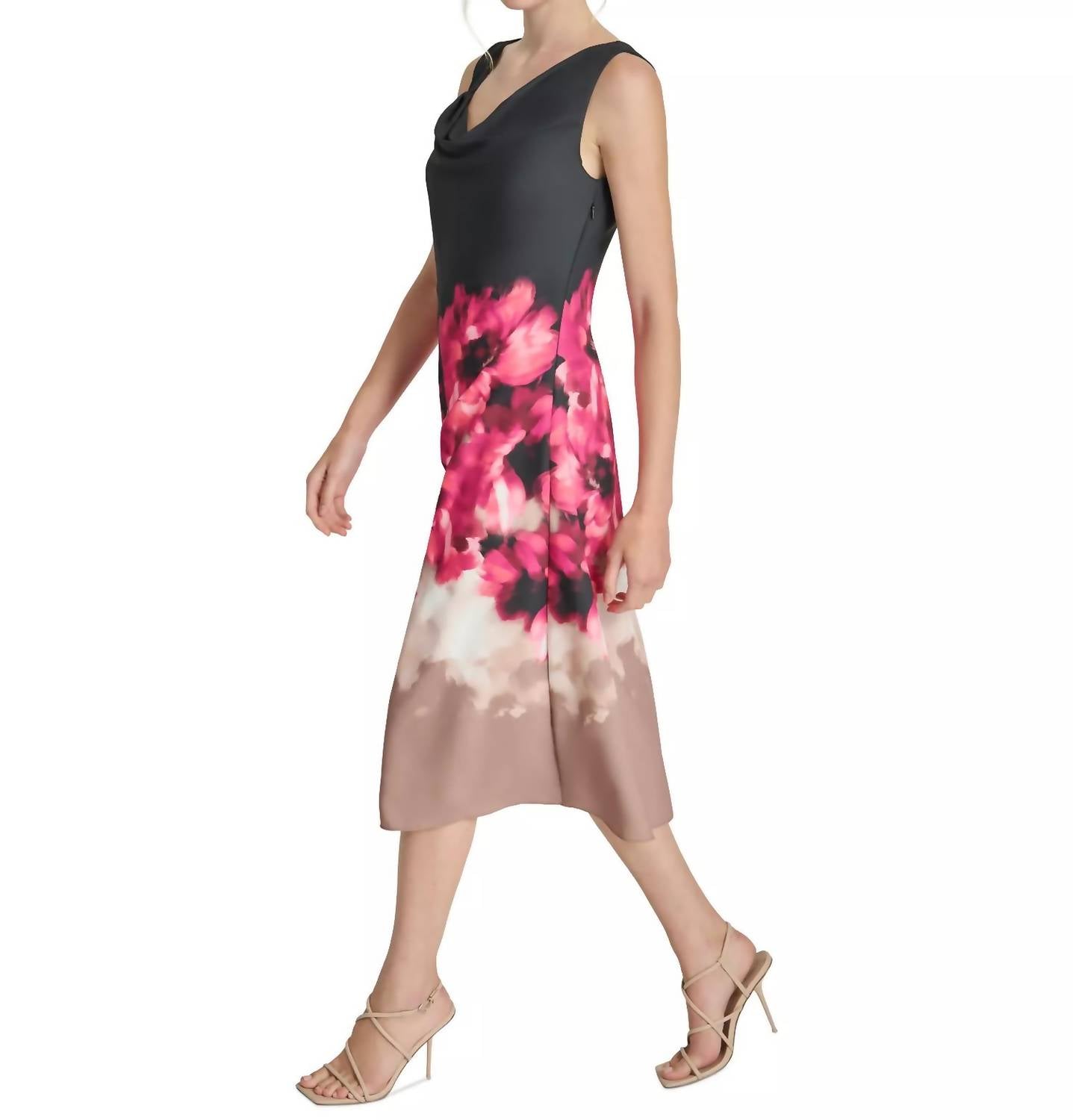 DKNY Women's Floral Asymmetric Cowlneck Midi Dress in black pink - women's dress - alternate view