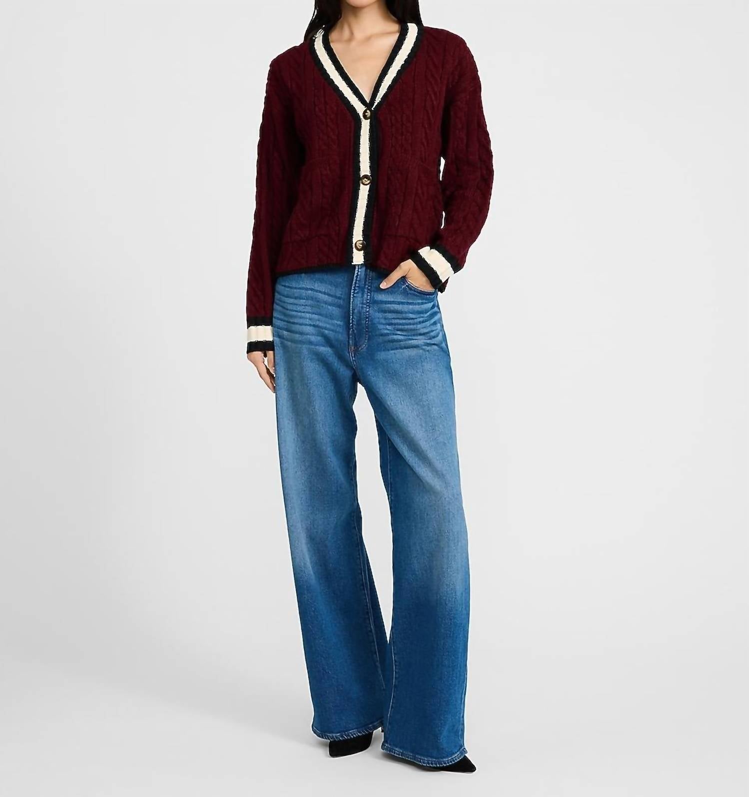Blu Pepper Varsity Cable Knit Cardigan in burgundy - women's cardigan - view 4
