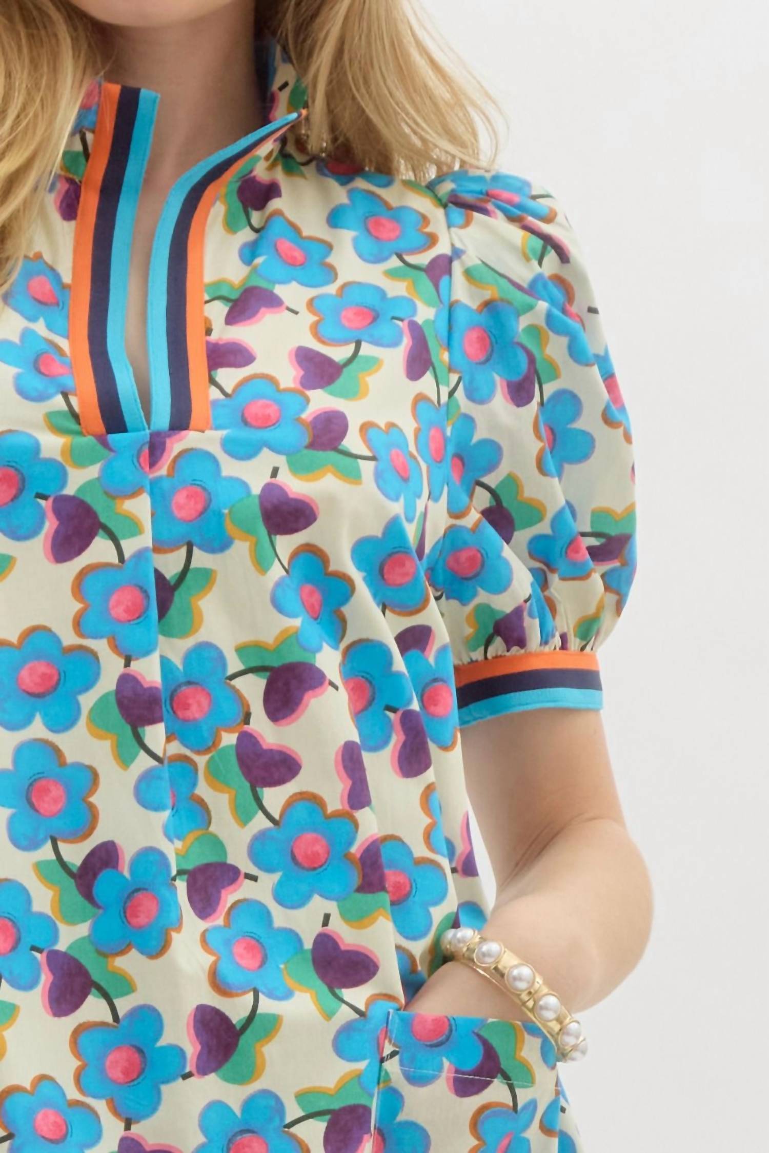Entro - Floral Puff Sleeve Mini Dress With Contrast Trim And Pockets