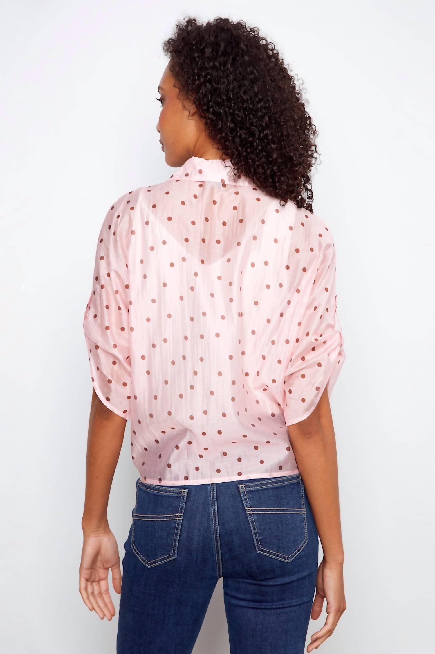 Charlie B - Printed Roll Up Dolman Sleeve Tie Front Blouse