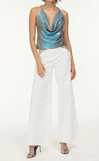 My Beachy Side Charlotte Shimmer Draped Halter Top in blue metallic - women's blouse