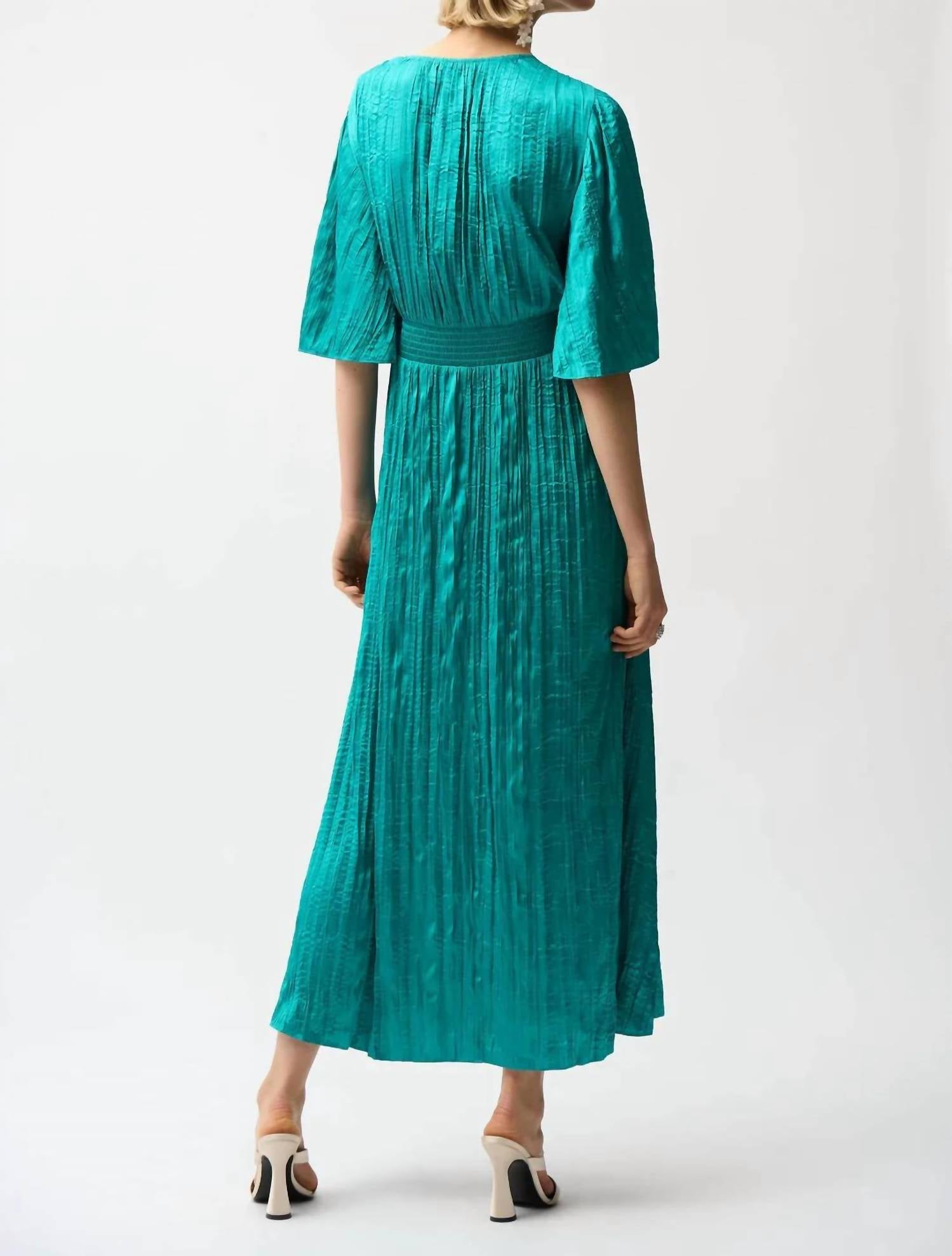 Joseph Ribkoff - Pleated Satin V-neck Maxi Dress