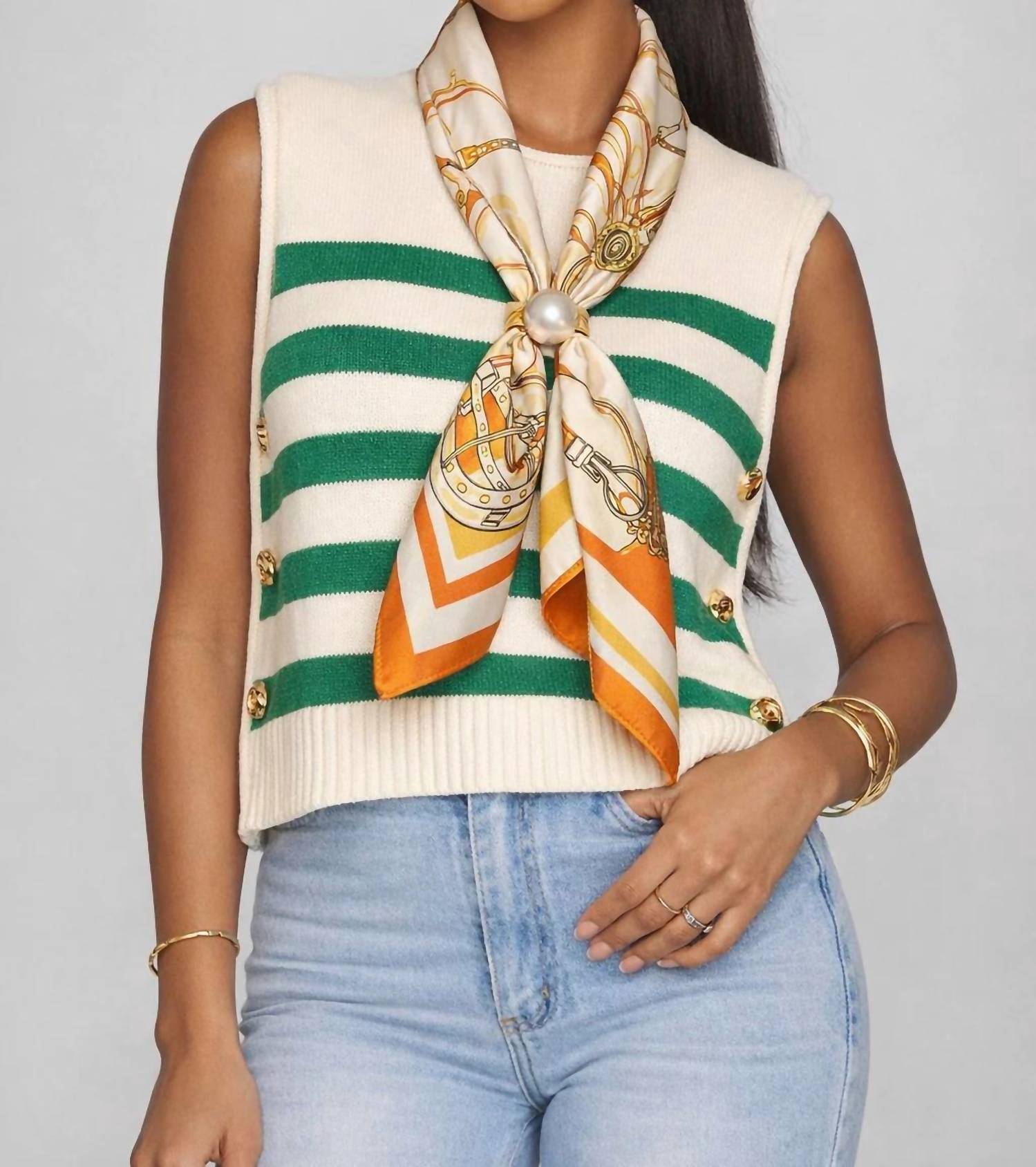 She + Sky - Striped Button Detail Sweater
