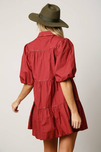 Fantastic Fawn - Marsala Puff Sleeve Tiered Shirt Dress