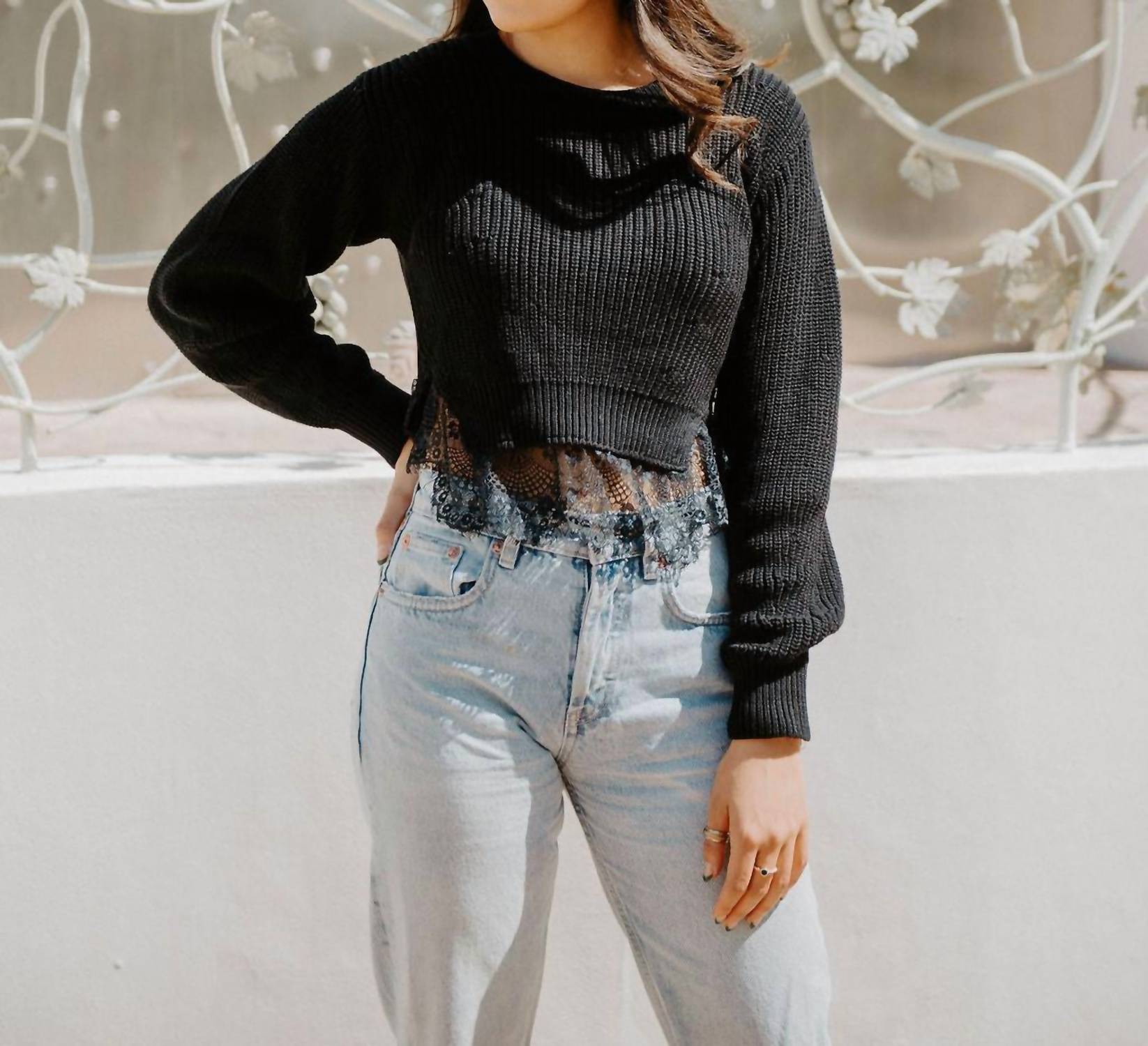 MABLE Amazing Lace Hem Sweater in black - women's sweater - alternate view