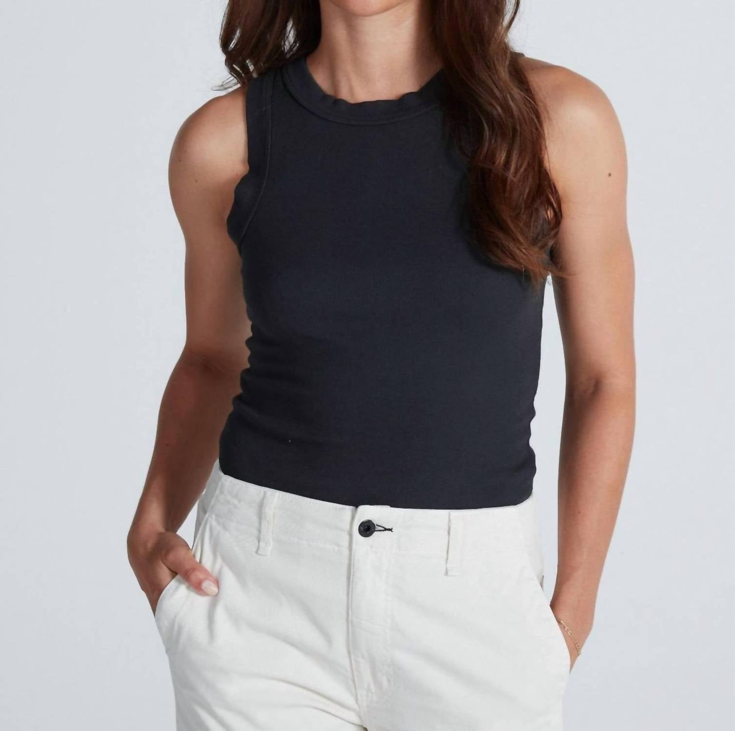 ASKK NY Sleeveless Rib Tank Top in stone black - women's tank top - detail view